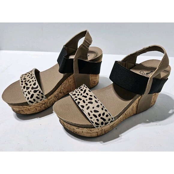 Corkys Sandals Women's Size 8 Tan Black Leather Cheetah Cork Platform Wedge - Picture 1 of 5